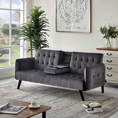 Velvet Upholstered Convertible Folding Futon Sofa Bed Sleeper Couch with 2 Cup Holders for Compact Living Room