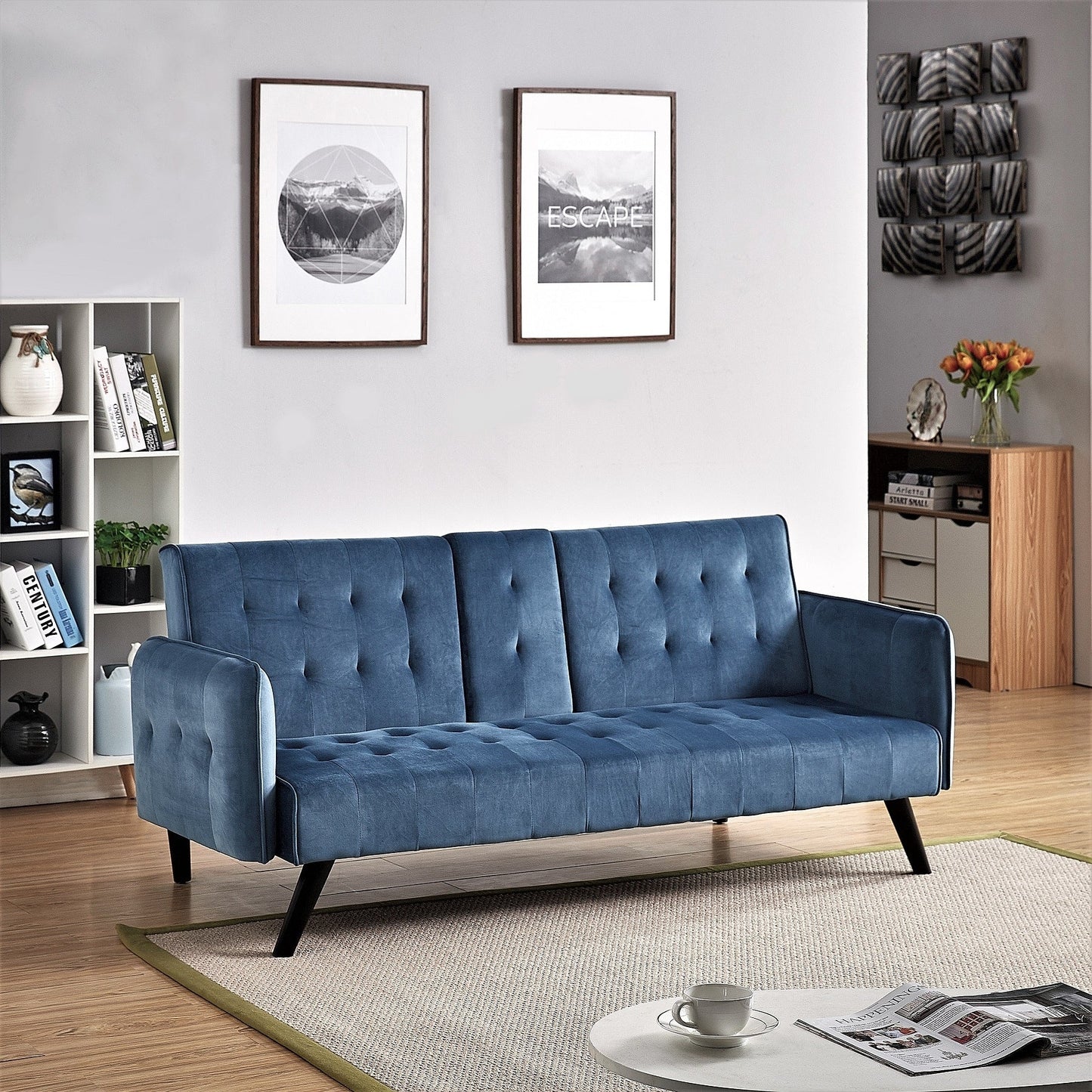 Velvet Upholstered Convertible Folding Futon Sofa Bed Sleeper Couch with 2 Cup Holders for Compact Living Room