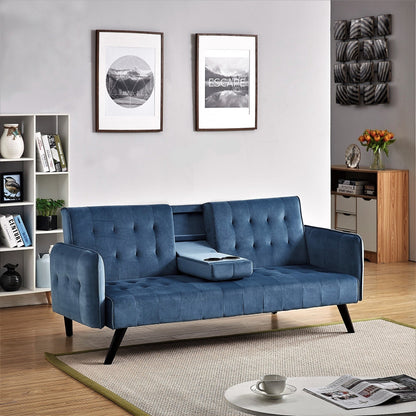 Velvet Upholstered Convertible Folding Futon Sofa Bed Sleeper Couch with 2 Cup Holders for Compact Living Room