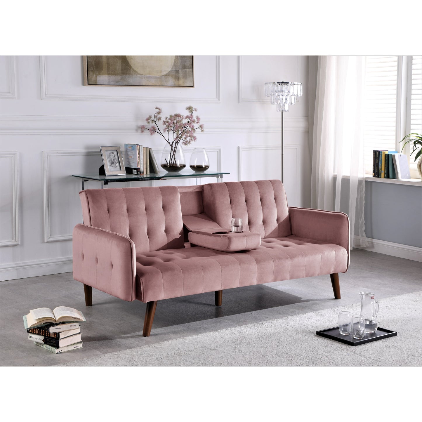 Velvet Upholstered Convertible Folding Futon Sofa Bed Sleeper Couch with 2 Cup Holders for Compact Living Room