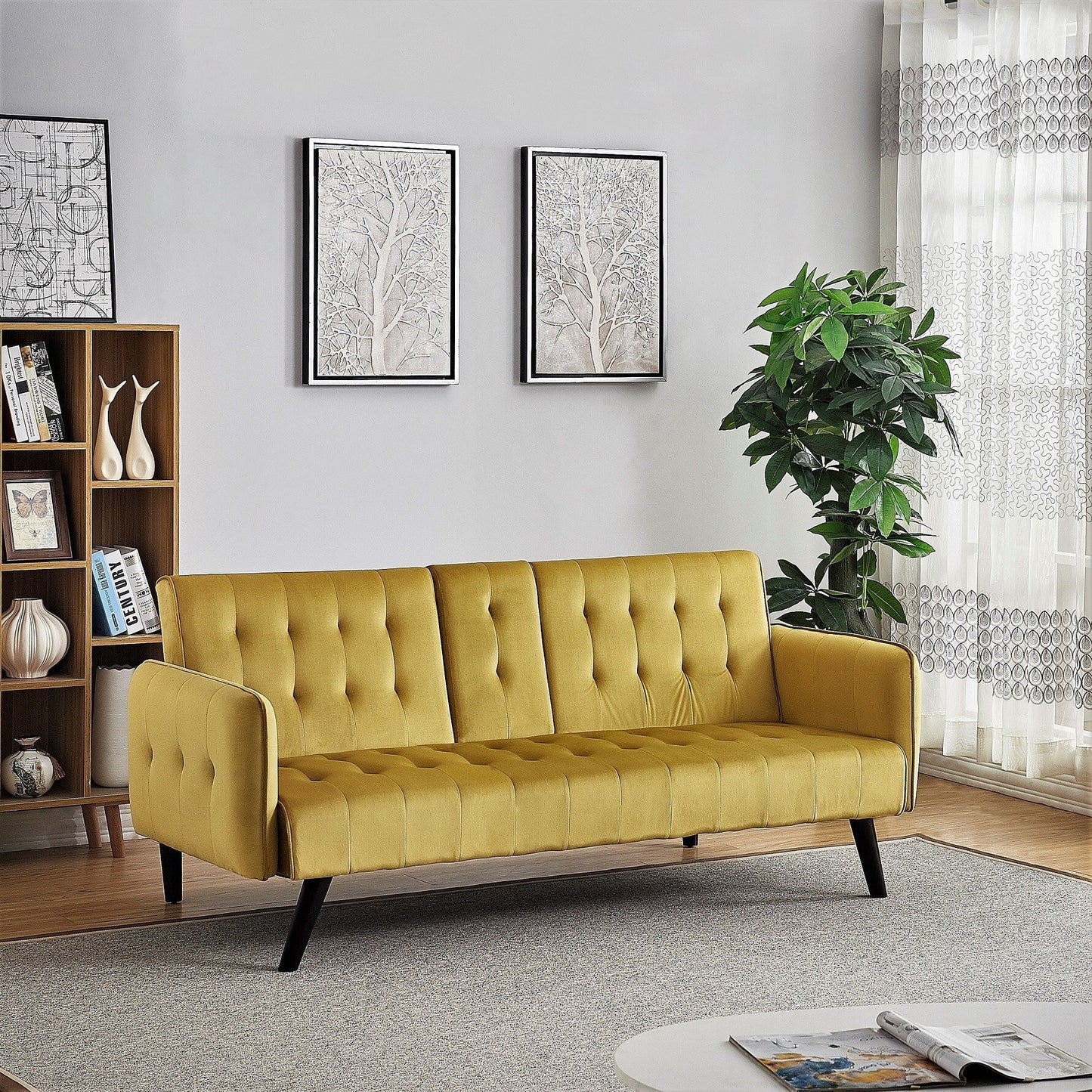 Velvet Upholstered Convertible Folding Futon Sofa Bed Sleeper Couch with 2 Cup Holders for Compact Living Room