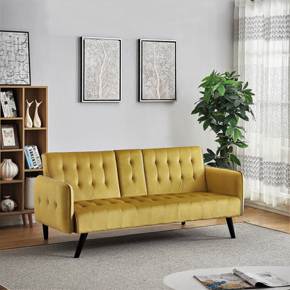 Velvet Upholstered Convertible Folding Futon Sofa Bed Sleeper Couch with 2 Cup Holders for Compact Living Room
