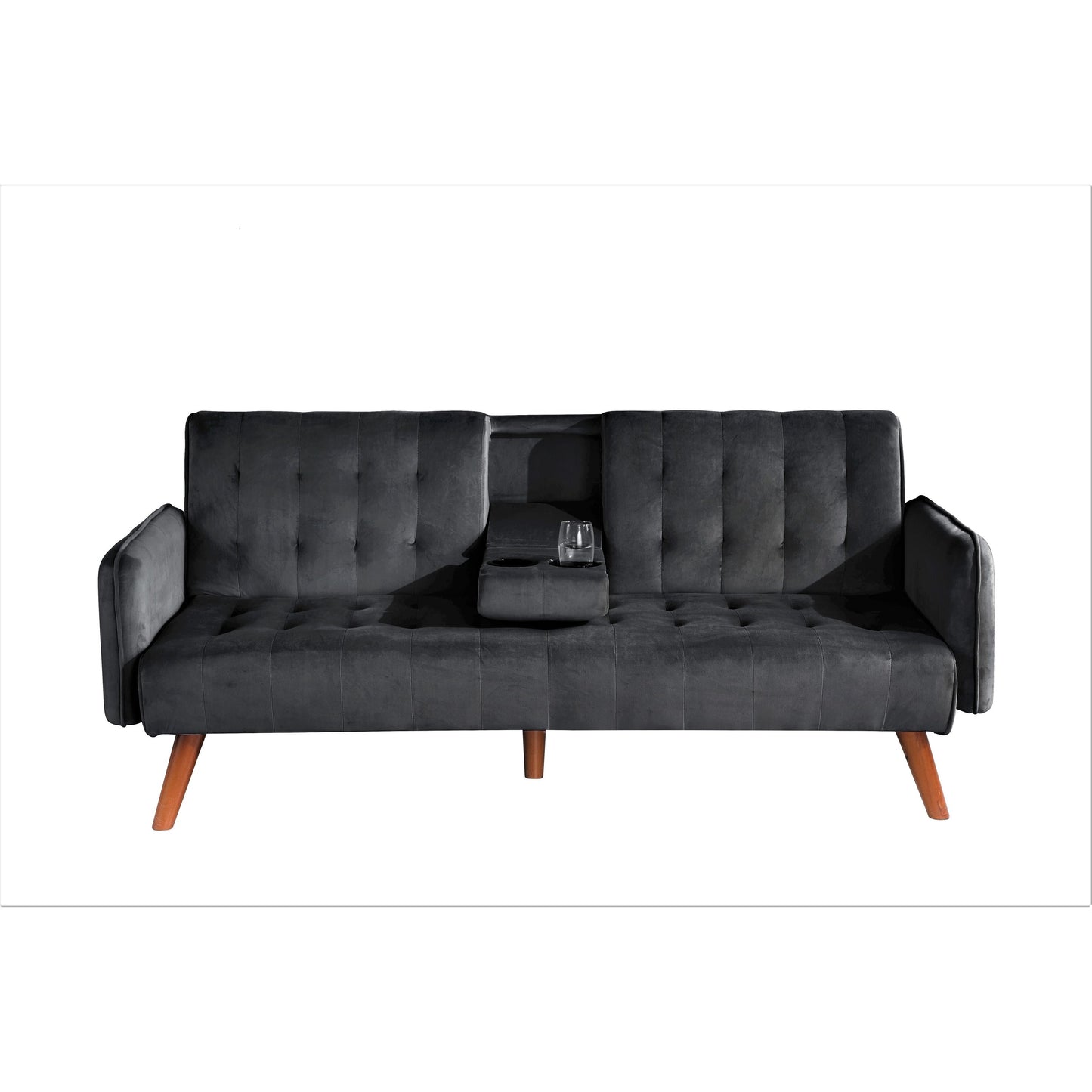 Velvet Upholstered Convertible Folding Futon Sofa Bed Sleeper Couch with 2 Cup Holders for Compact Living Room