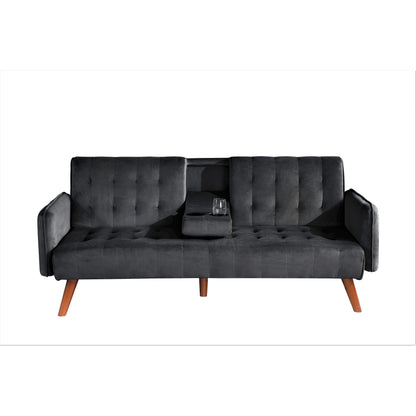 Velvet Upholstered Convertible Folding Futon Sofa Bed Sleeper Couch with 2 Cup Holders for Compact Living Room
