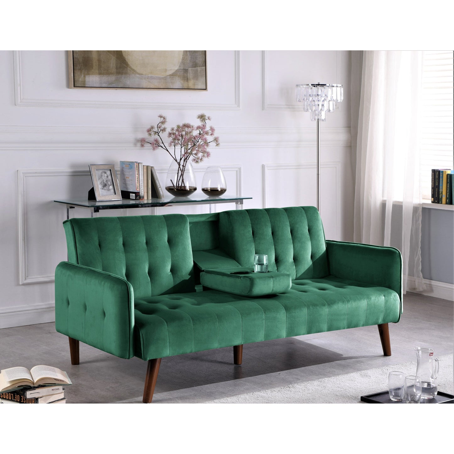 Velvet Upholstered Convertible Folding Futon Sofa Bed Sleeper Couch with 2 Cup Holders for Compact Living Room