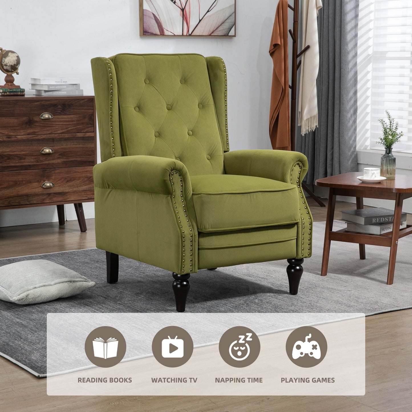 Velvet Upholstered Nailhead Tufted Recliner Chair with Black Legs