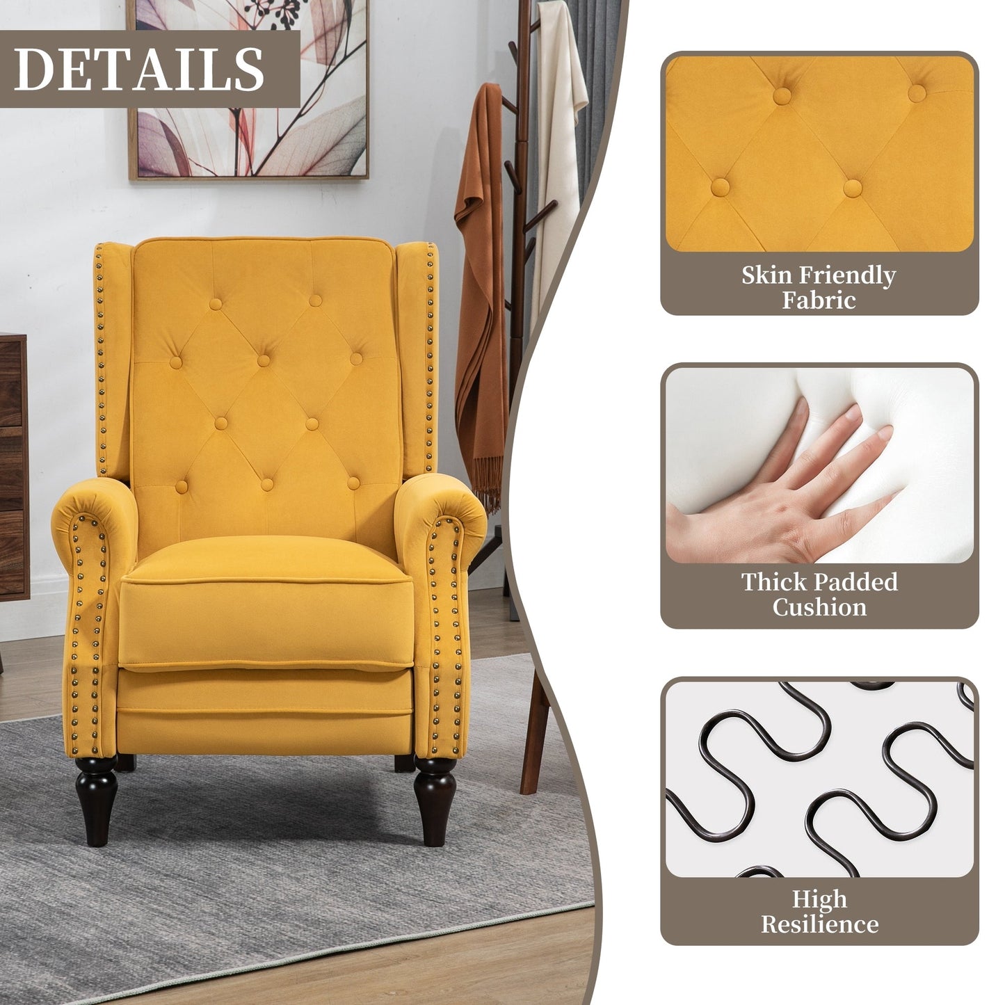 Velvet Upholstered Nailhead Tufted Recliner Chair with Black Legs