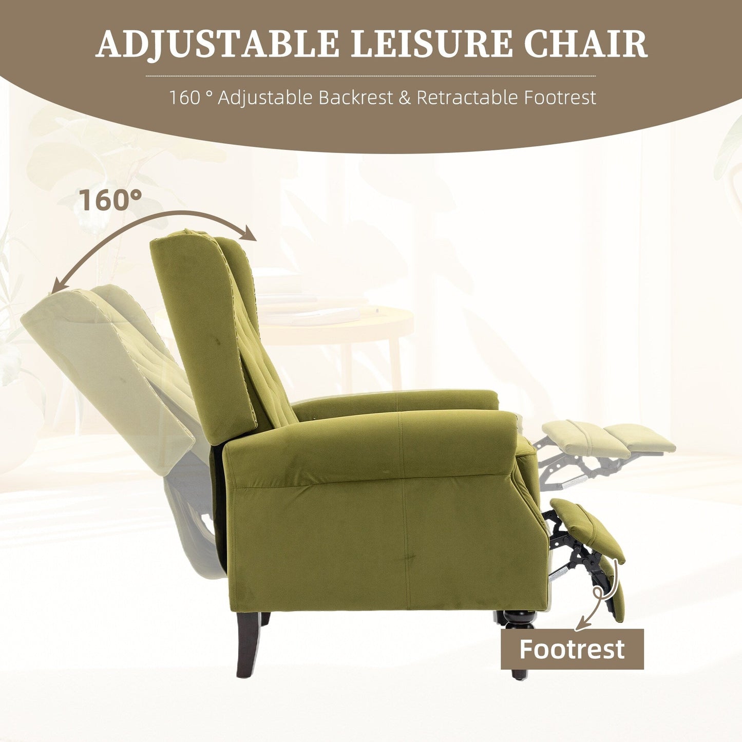 Velvet Upholstered Nailhead Tufted Recliner Chair with Black Legs