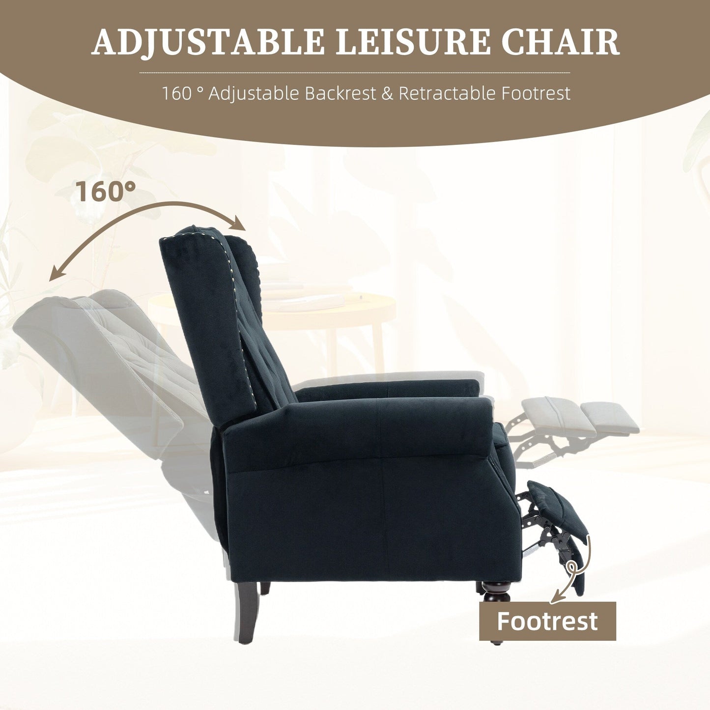 Velvet Upholstered Nailhead Tufted Recliner Chair with Black Legs