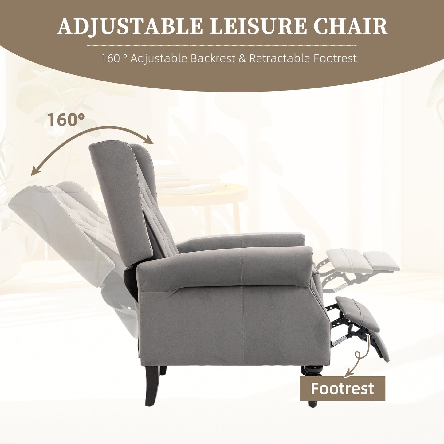 Velvet Upholstered Nailhead Tufted Recliner Chair with Black Legs