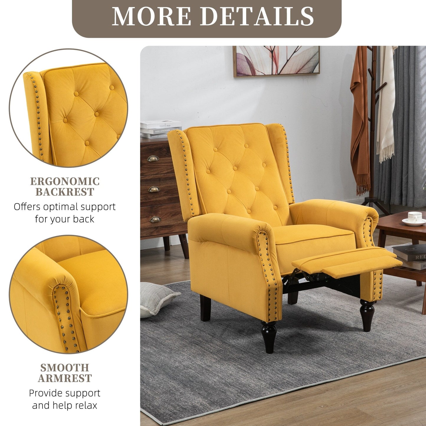 Velvet Upholstered Nailhead Tufted Recliner Chair with Black Legs