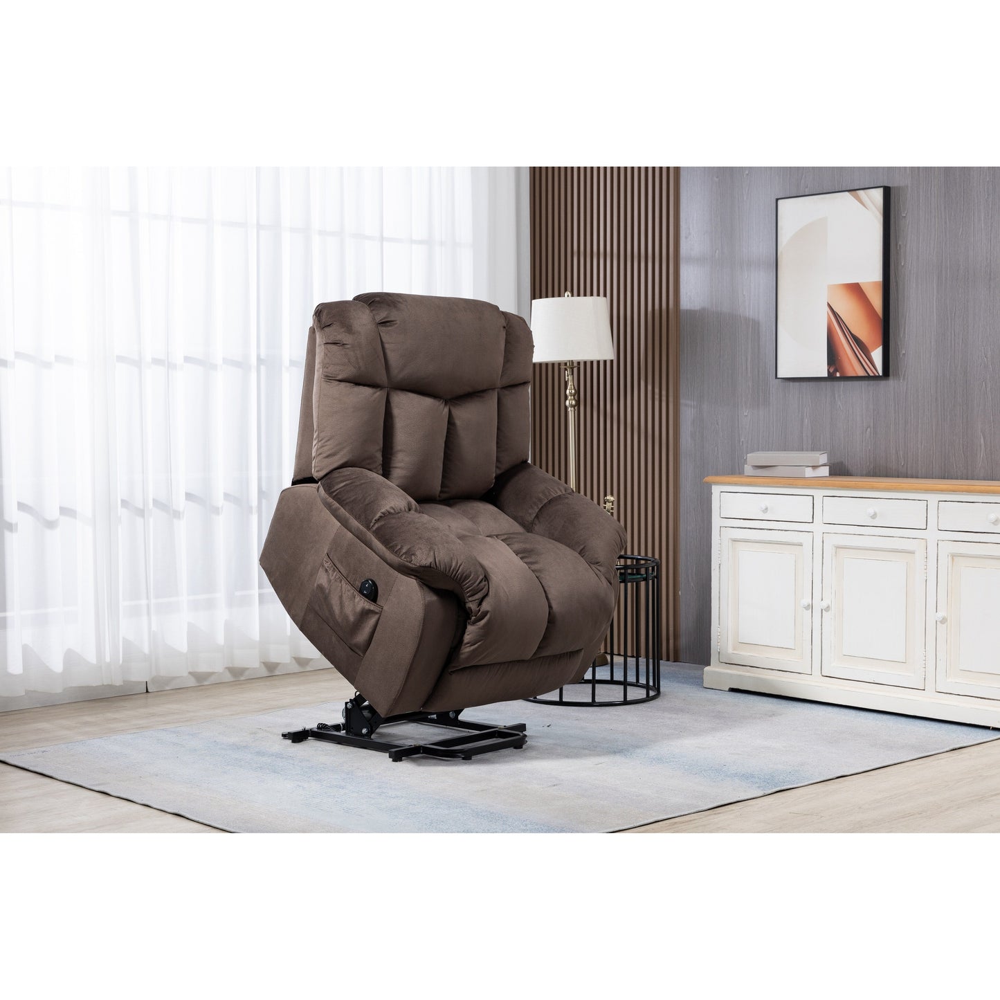 Velvet Upholstered Power Lift Recliner for Elderly with Remote Control and Side Storage Pockets