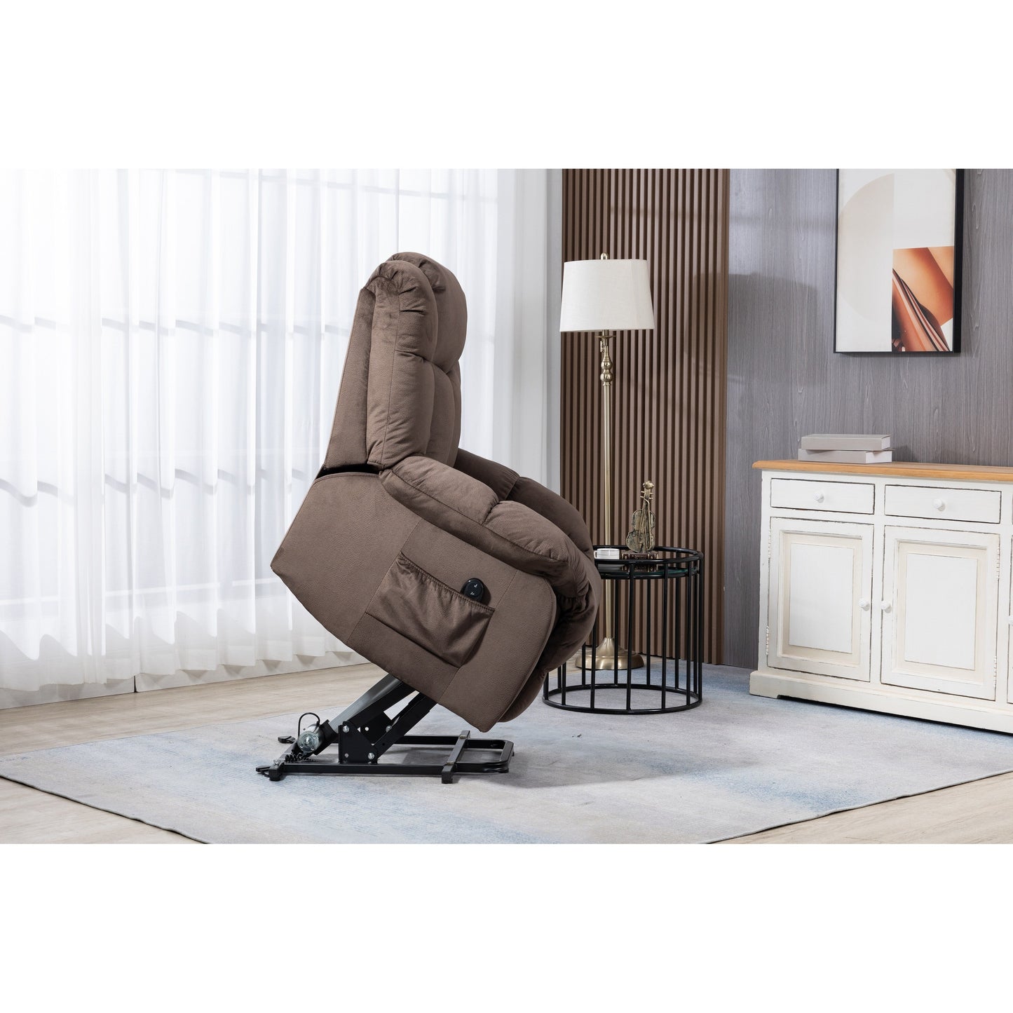 Velvet Upholstered Power Lift Recliner for Elderly with Remote Control and Side Storage Pockets