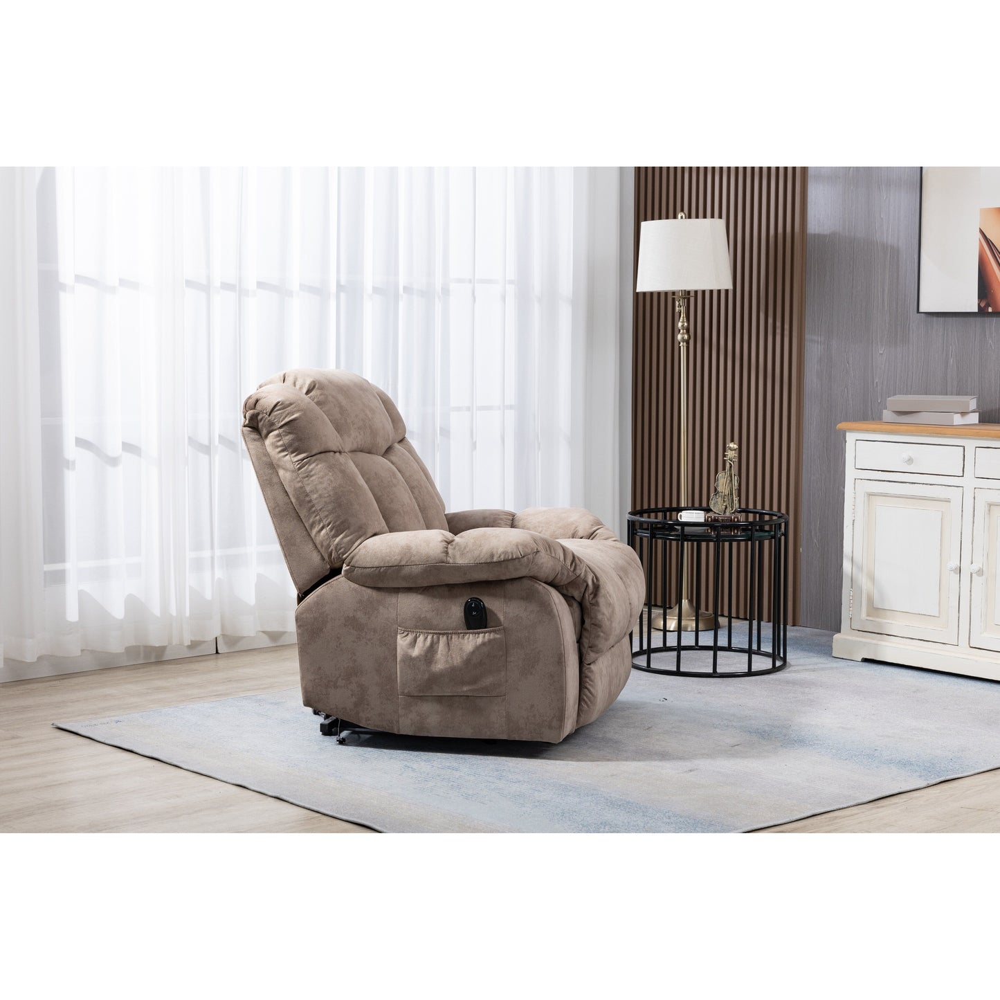 Velvet Upholstered Power Lift Recliner for Elderly with Remote Control and Side Storage Pockets