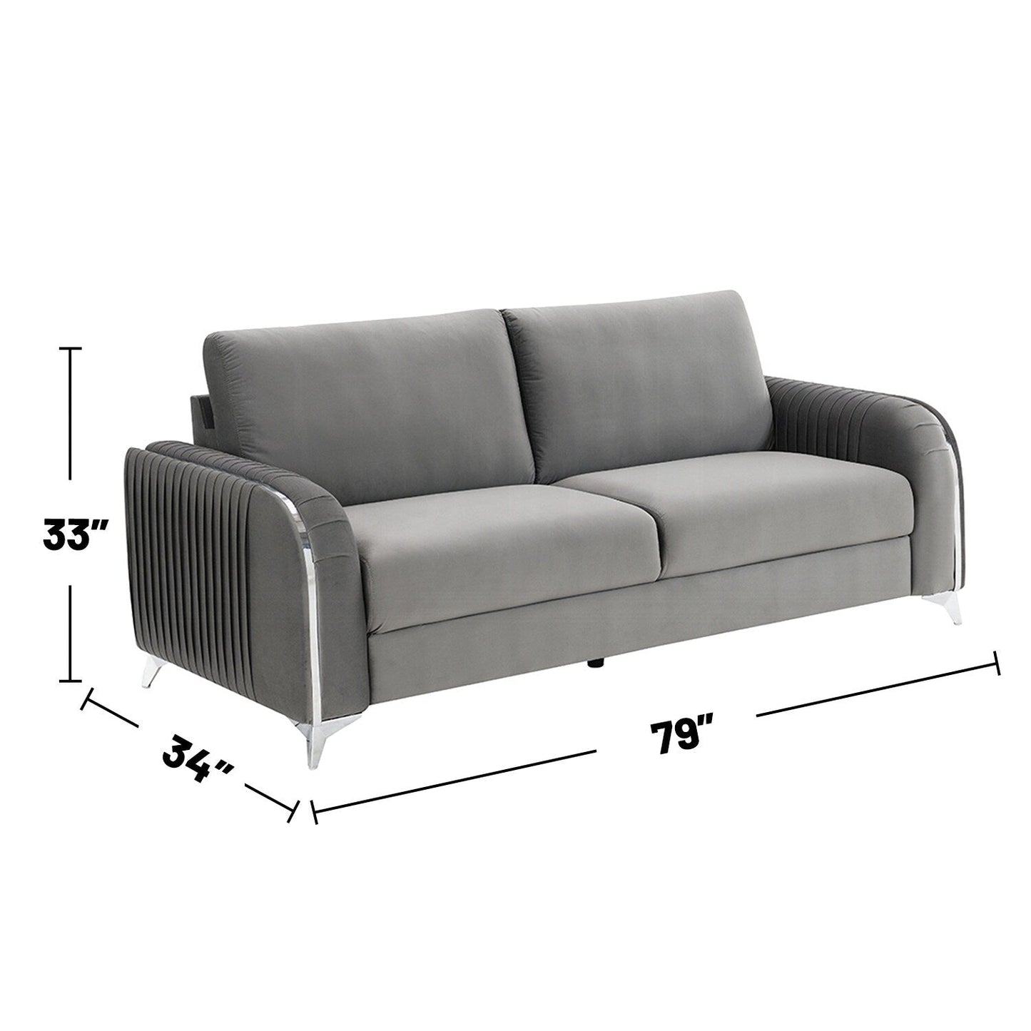 Velvet Upholstered Sofa with Metal Legs in Gray