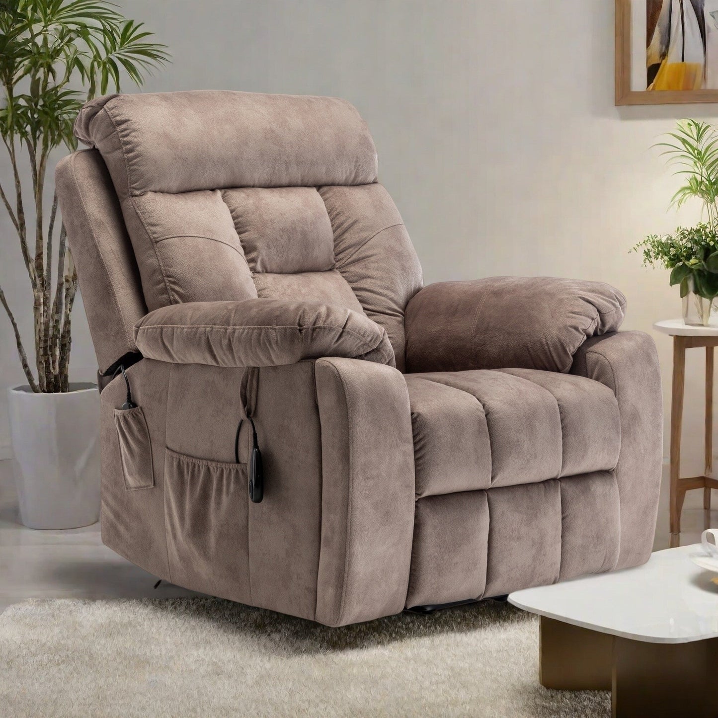 Velvet Wide Power Lift Recliner Chair with Heat, Massage, and Silent OKIN Motor