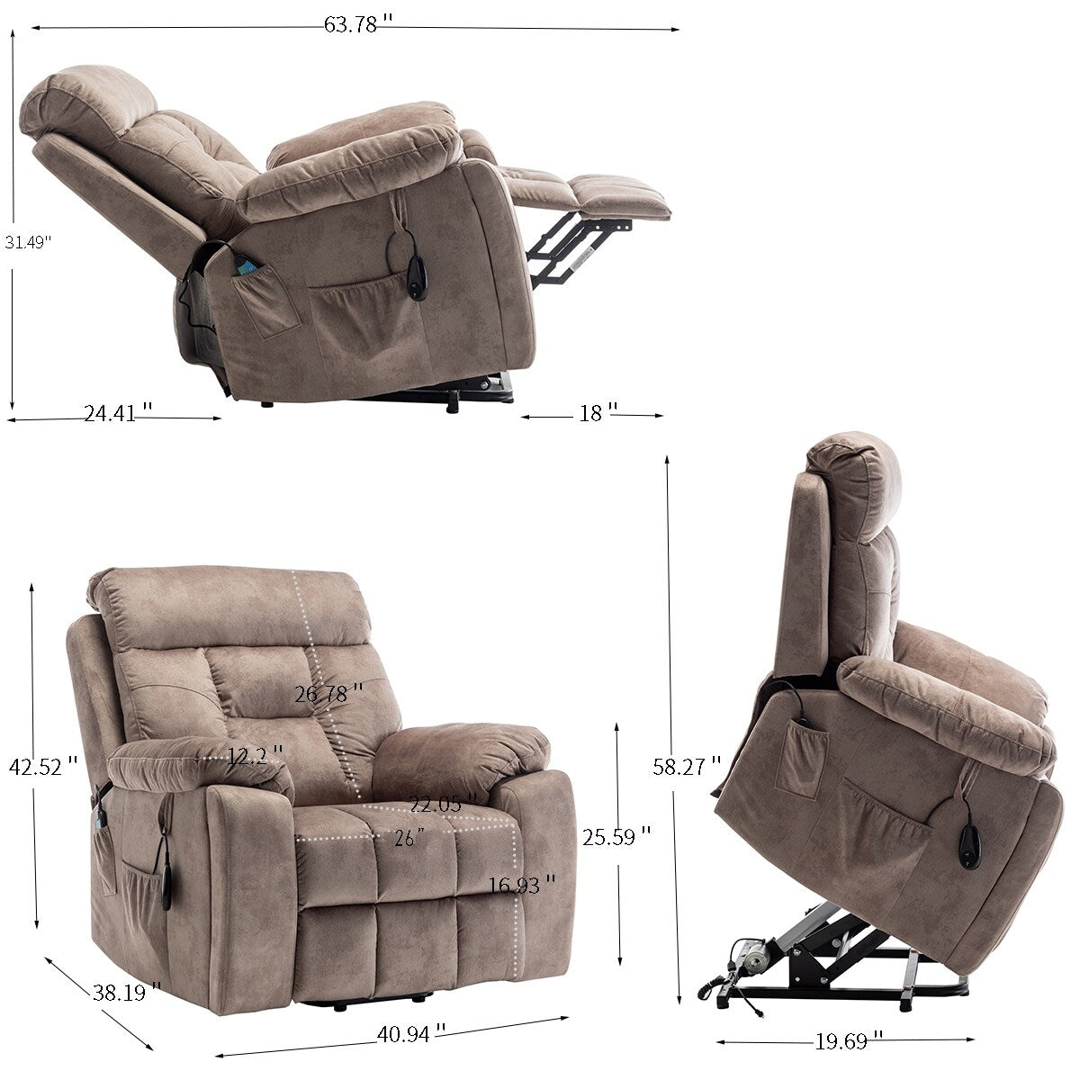 Velvet Wide Power Lift Recliner Chair with Heat, Massage, and Silent OKIN Motor