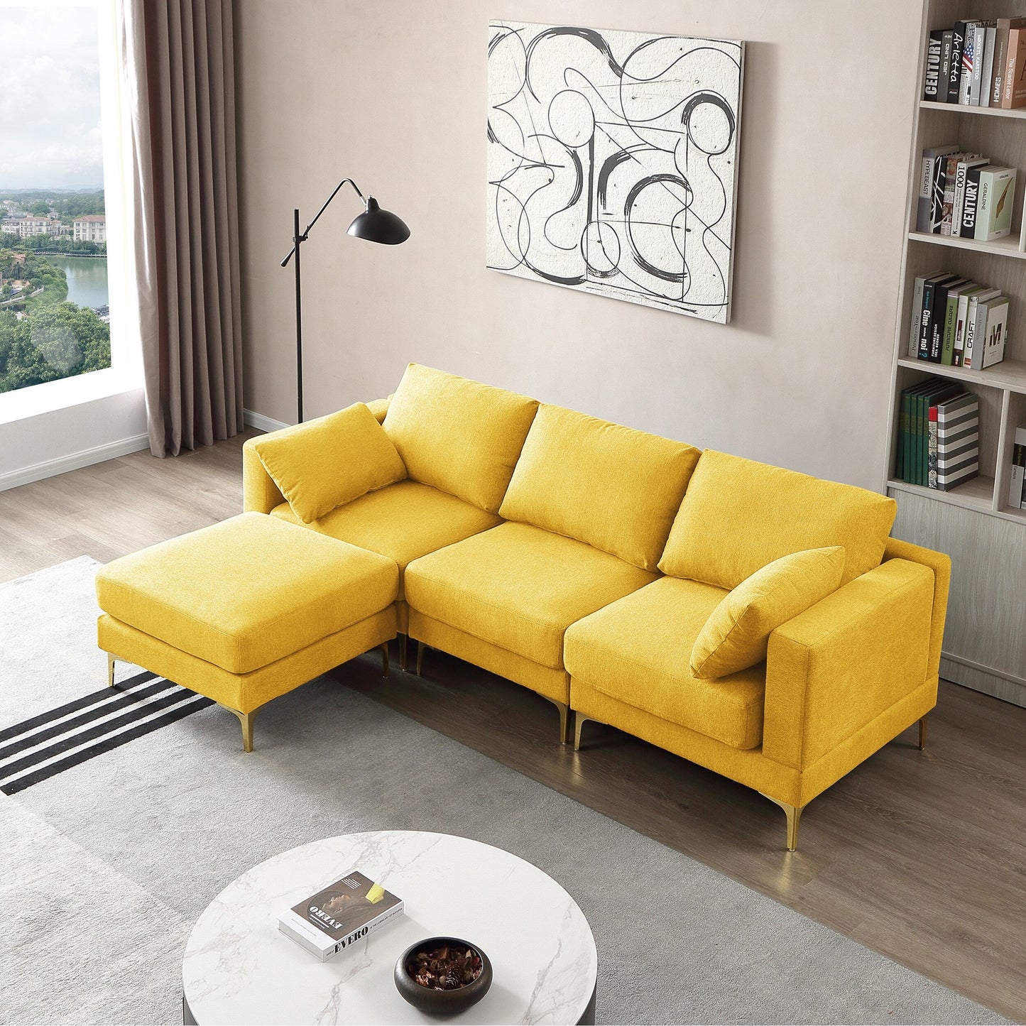 Versatile L Shape Couch with Ottoman - Soft Polyester Fabric for Ultimate Comfort