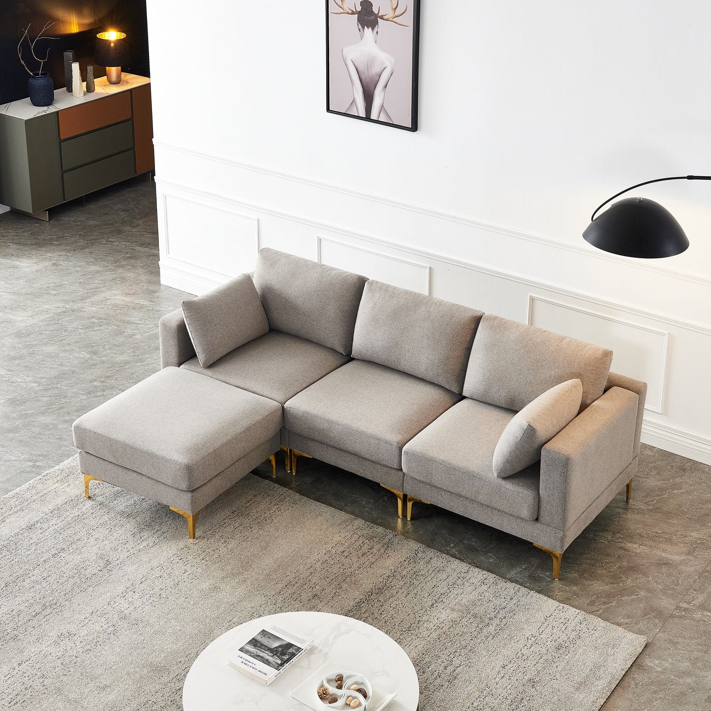 Versatile L Shape Couch with Ottoman - Soft Polyester Fabric for Ultimate Comfort