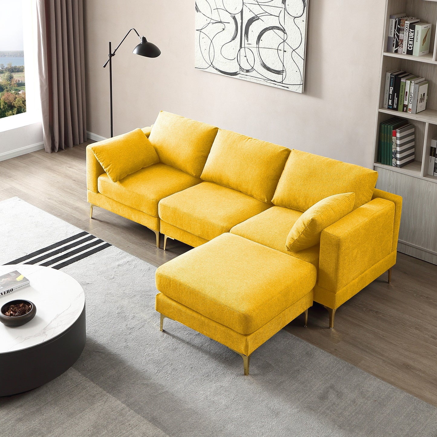 Versatile L Shape Couch with Ottoman - Soft Polyester Fabric for Ultimate Comfort