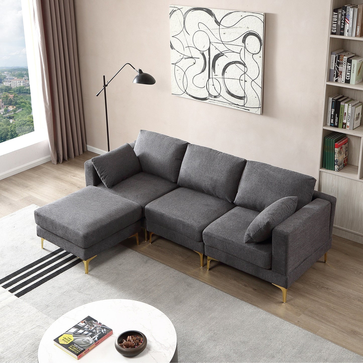 Versatile L Shape Couch with Ottoman - Soft Polyester Fabric for Ultimate Comfort