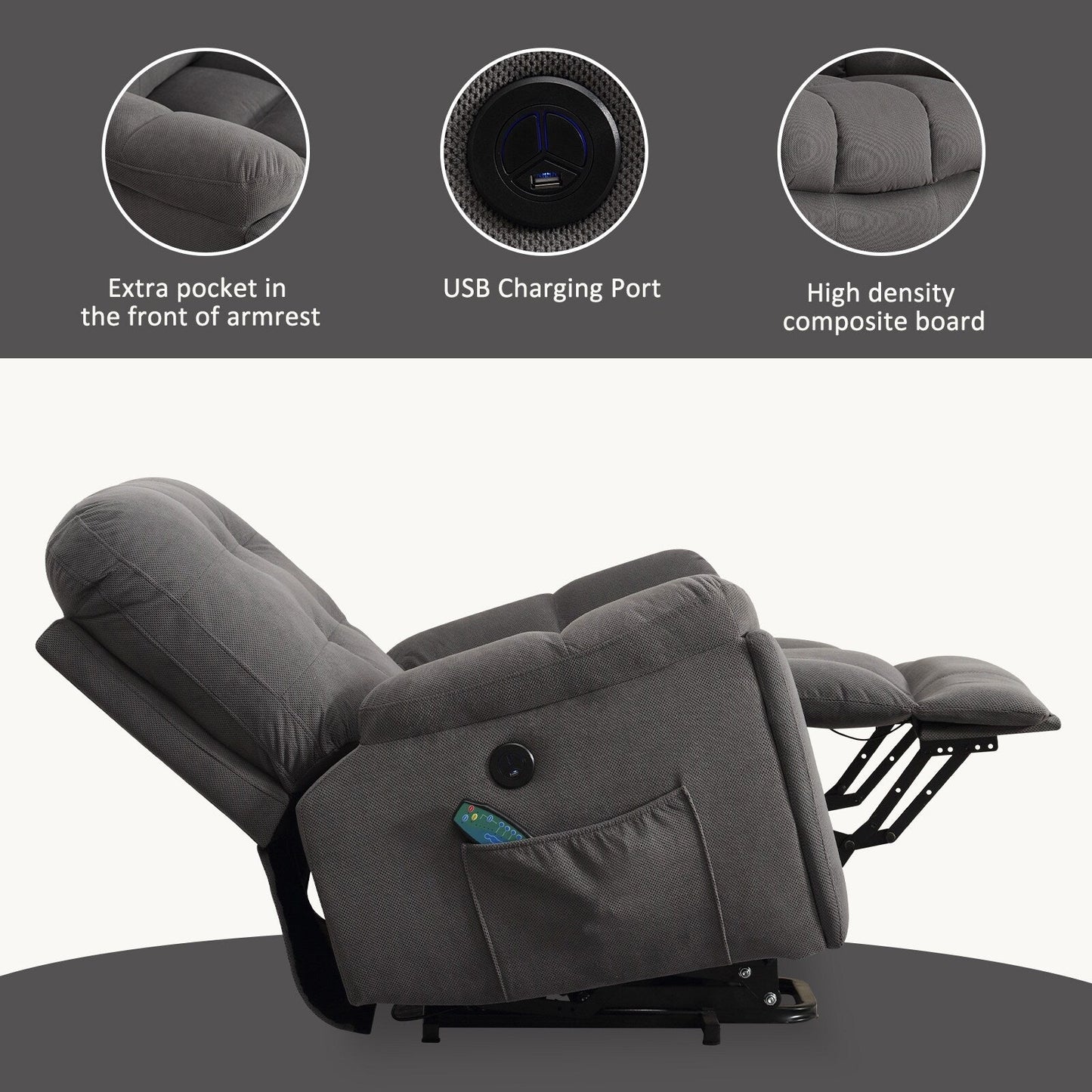 Vibration Massage Lift Recliner featuring Heating, USB Port, Concealed Cup Holders, and Side Pockets, Adjustable Recline Options