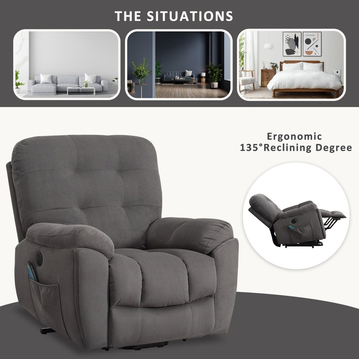 Vibration Massage Lift Recliner featuring Heating, USB Port, Concealed Cup Holders, and Side Pockets, Adjustable Recline Options