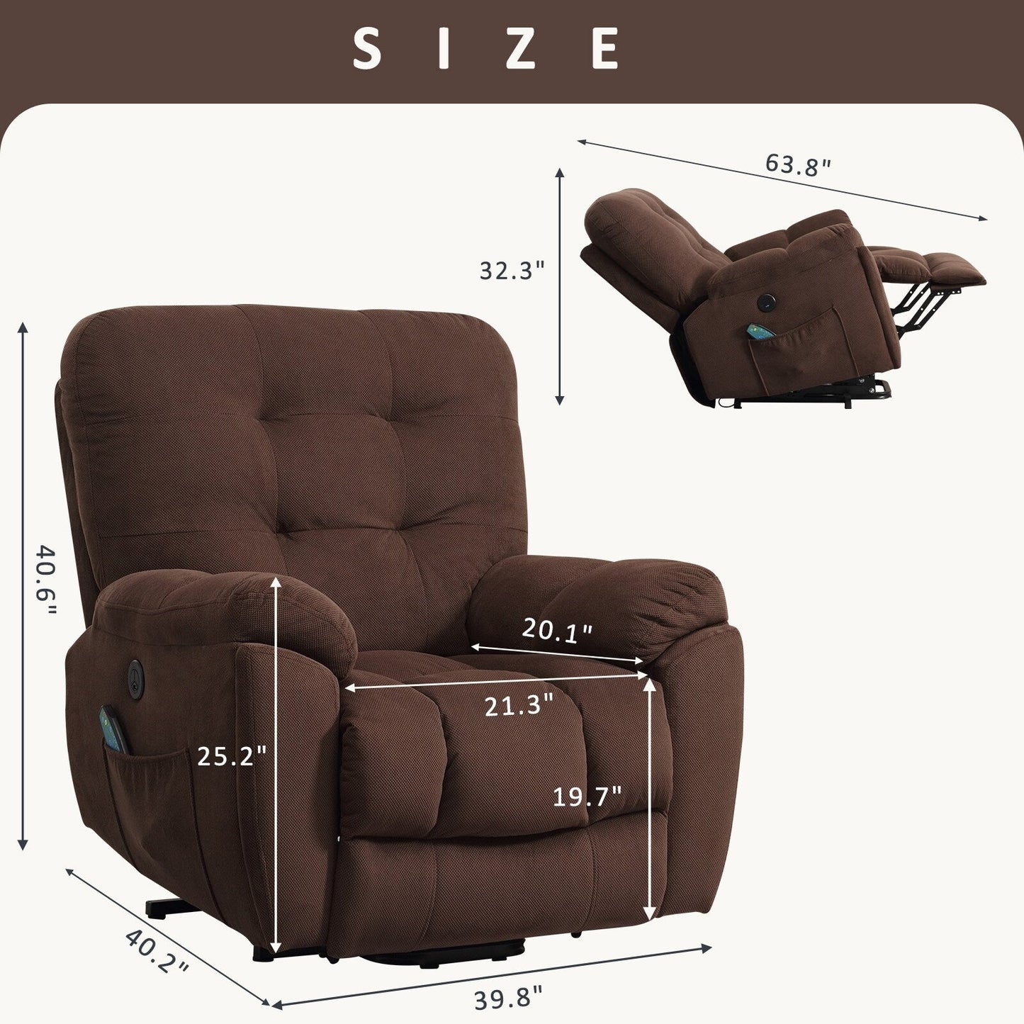 Vibration Massage Lift Recliner featuring Heating, USB Port, Concealed Cup Holders, and Side Pockets, Adjustable Recline Options