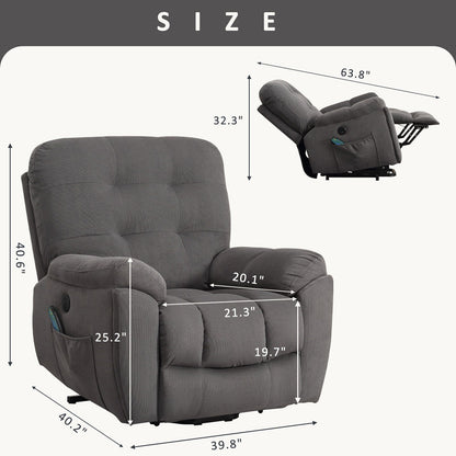 Vibration Massage Lift Recliner featuring Heating, USB Port, Concealed Cup Holders, and Side Pockets, Adjustable Recline Options