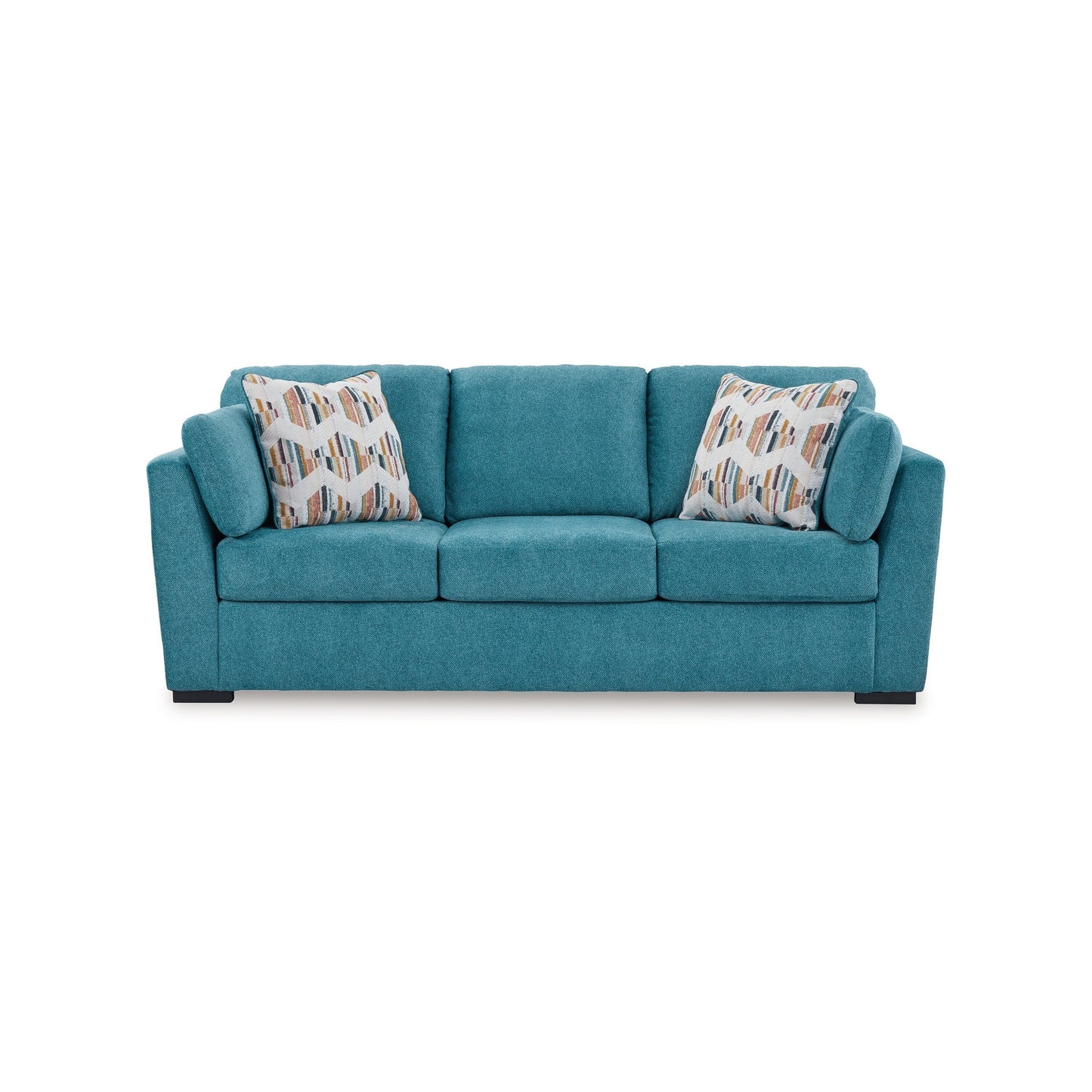 Viena Sofa with 2 Accent Throw Pillows, Teal Blue Faux Velvet 94 Inch