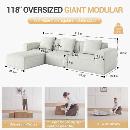 White 118 Inch 3 Seater Modular Sofa Bed with Footrest