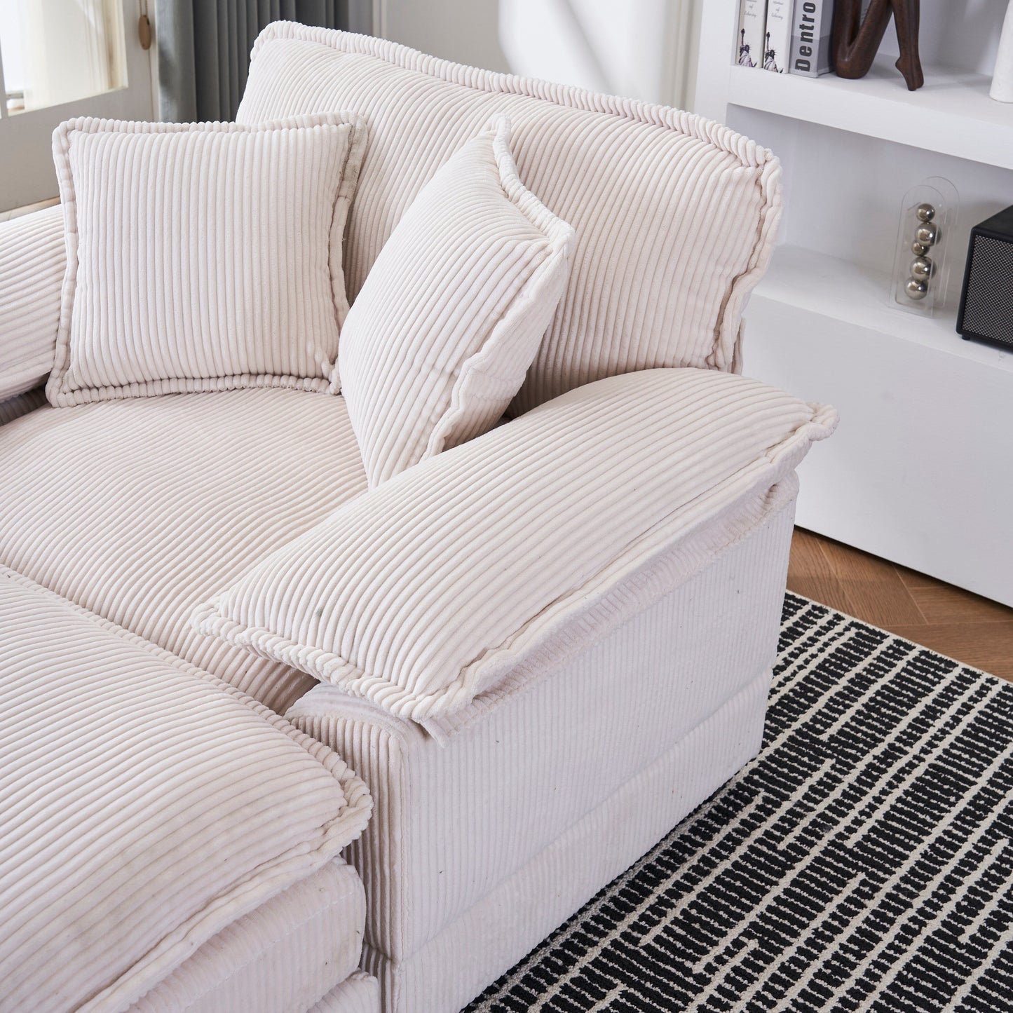 White 59.3 Corduroy Single Deep Seat Sofa with 2 Toss Pillows and Ottoman for Living Room