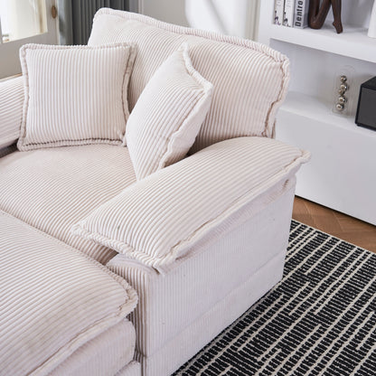 White 59.3 Corduroy Single Deep Seat Sofa with 2 Toss Pillows and Ottoman for Living Room