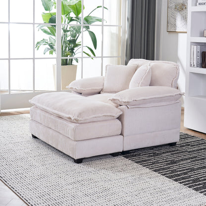 White 59.3 Corduroy Single Deep Seat Sofa with 2 Toss Pillows and Ottoman for Living Room