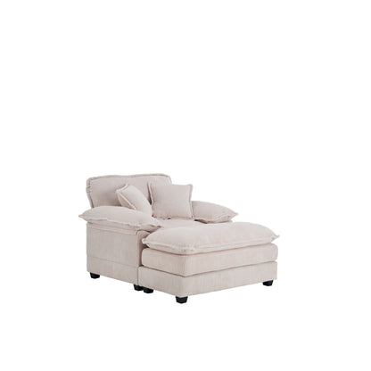 White 59.3 Corduroy Single Deep Seat Sofa with 2 Toss Pillows and Ottoman for Living Room