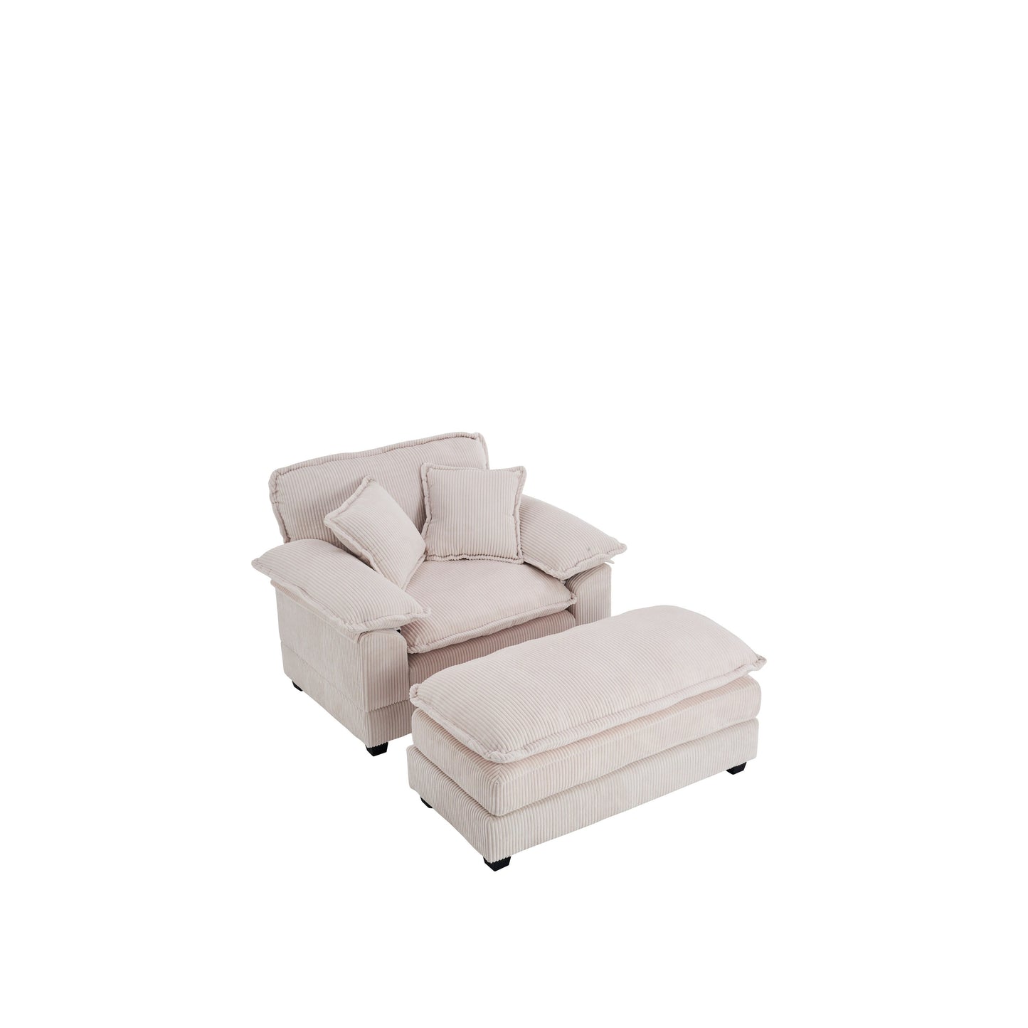 White 59.3 Corduroy Single Deep Seat Sofa with 2 Toss Pillows and Ottoman for Living Room
