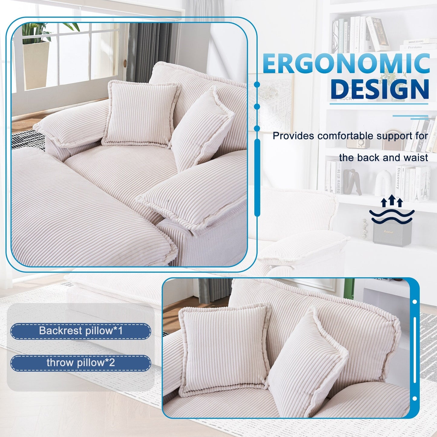 White 59.3 Corduroy Single Deep Seat Sofa with 2 Toss Pillows and Ottoman for Living Room