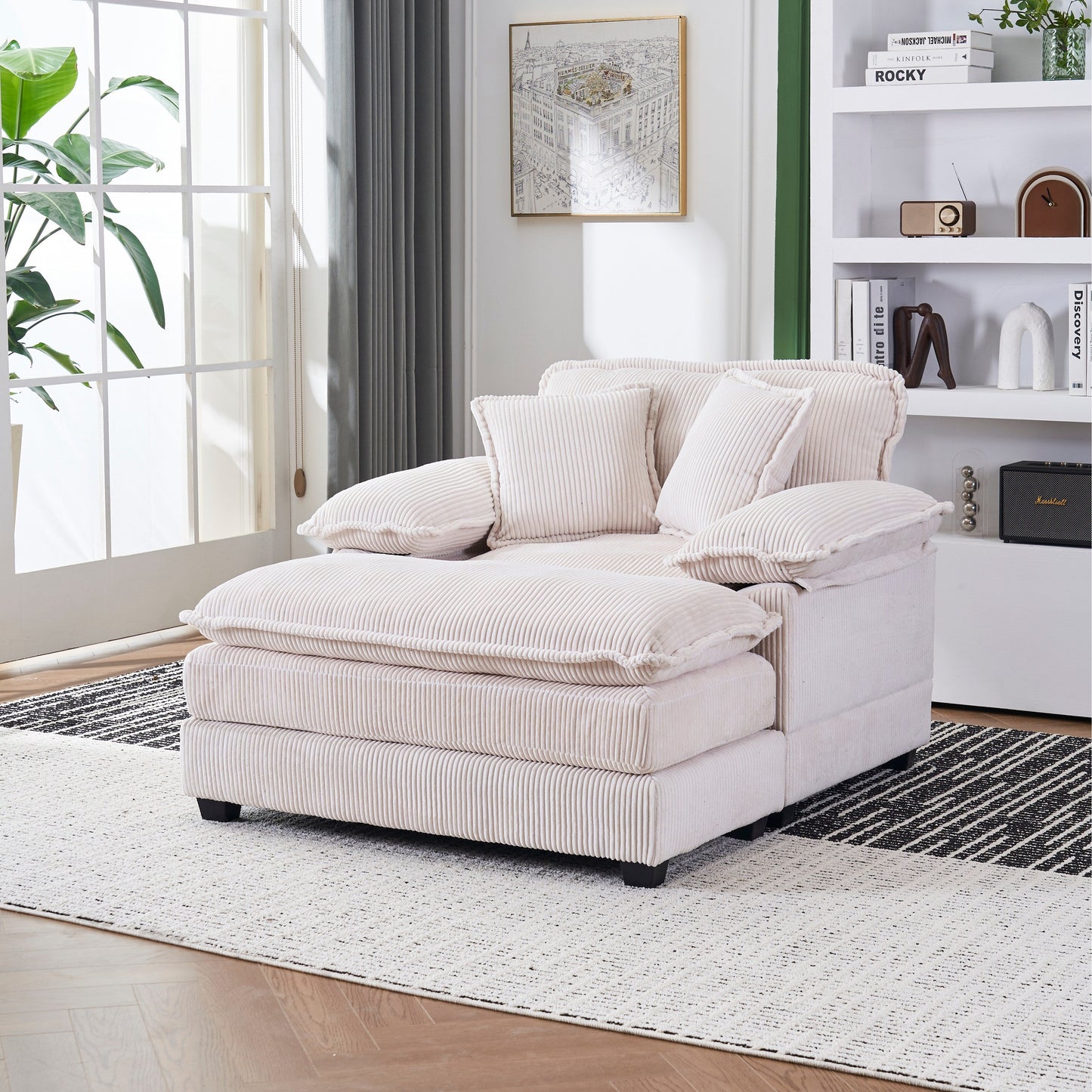 White 59.3 Corduroy Single Deep Seat Sofa with 2 Toss Pillows and Ottoman for Living Room