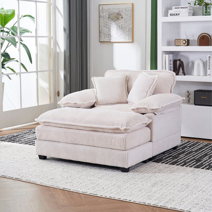 White 59.3 Corduroy Single Deep Seat Sofa with 2 Toss Pillows and Ottoman for Living Room