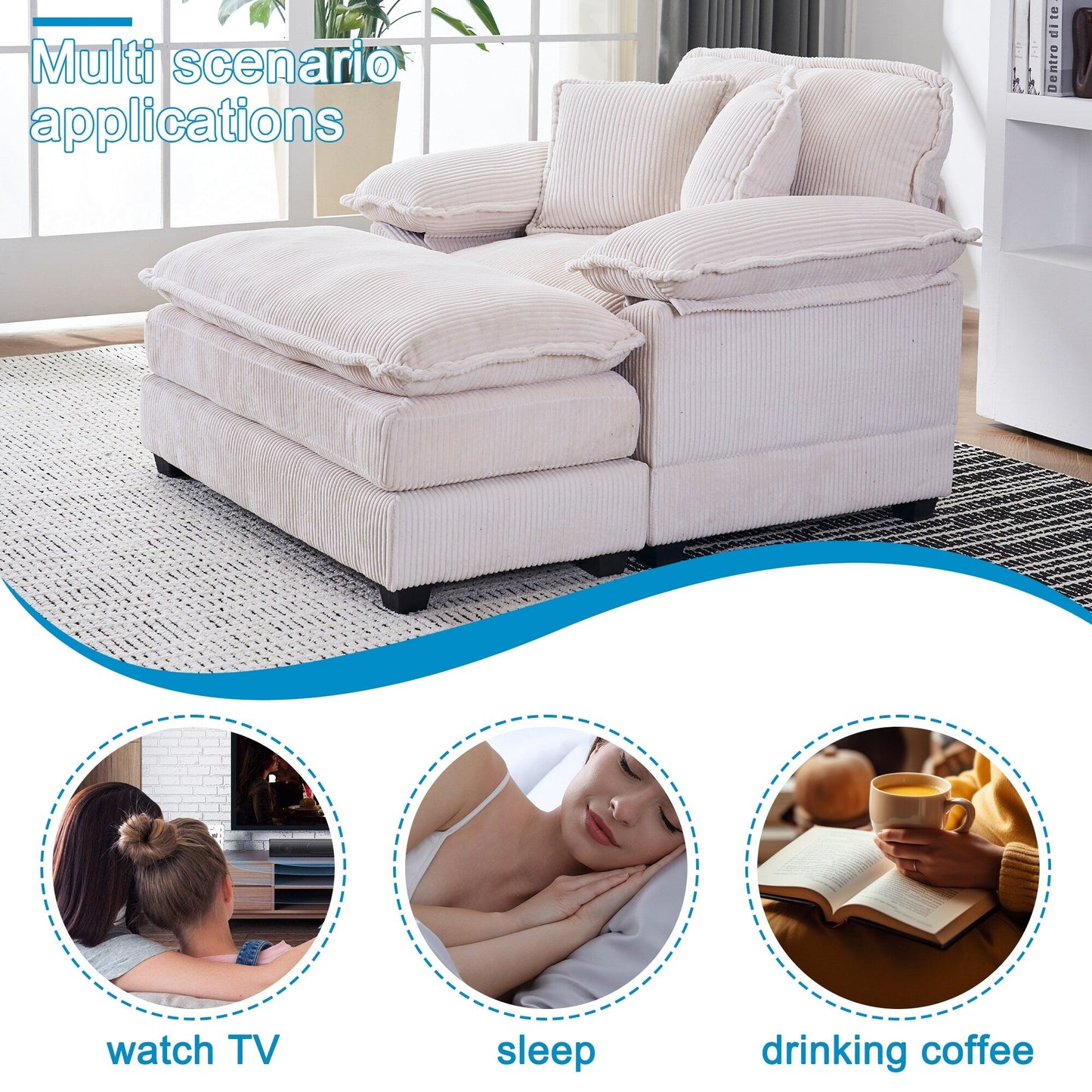 White 59.3 Corduroy Single Deep Seat Sofa with 2 Toss Pillows and Ottoman for Living Room