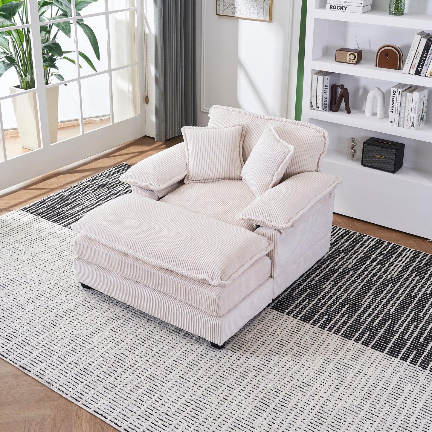 White 59.3 Corduroy Single Deep Seat Sofa with 2 Toss Pillows and Ottoman for Living Room
