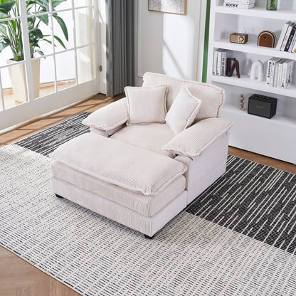 White 59.3 Corduroy Single Deep Seat Sofa with 2 Toss Pillows and Ottoman for Living Room