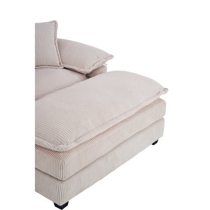 White 59.3 Corduroy Single Deep Seat Sofa with 2 Toss Pillows and Ottoman for Living Room