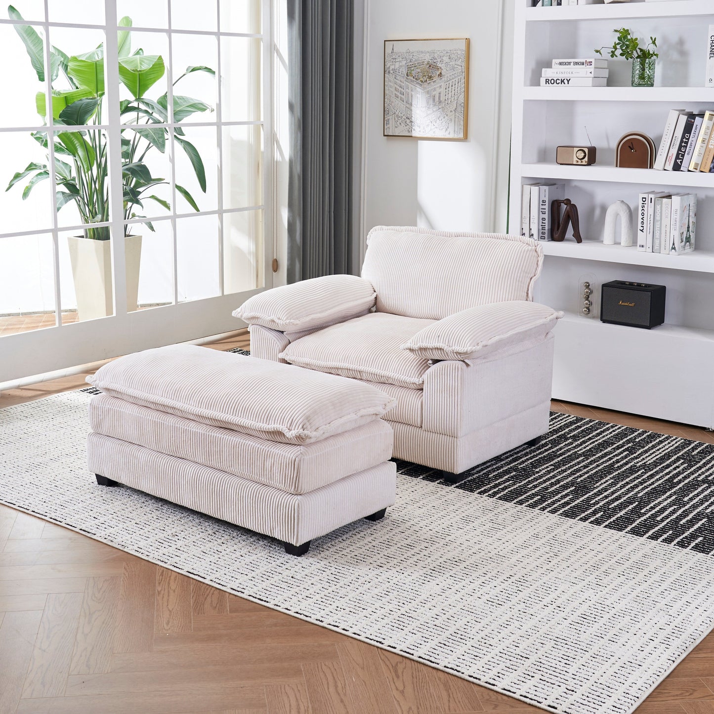 White 59.3 Corduroy Single Deep Seat Sofa with 2 Toss Pillows and Ottoman for Living Room