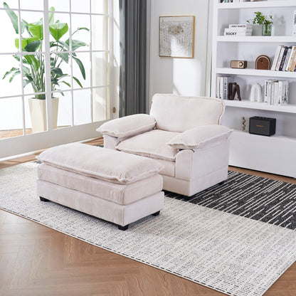 White 59.3 Corduroy Single Deep Seat Sofa with 2 Toss Pillows and Ottoman for Living Room