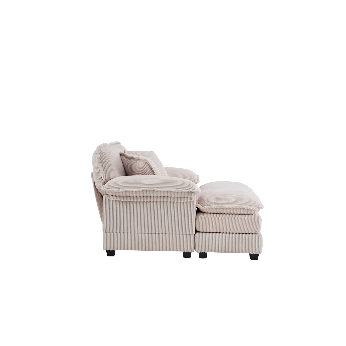 White 59.3 Corduroy Single Deep Seat Sofa with 2 Toss Pillows and Ottoman for Living Room