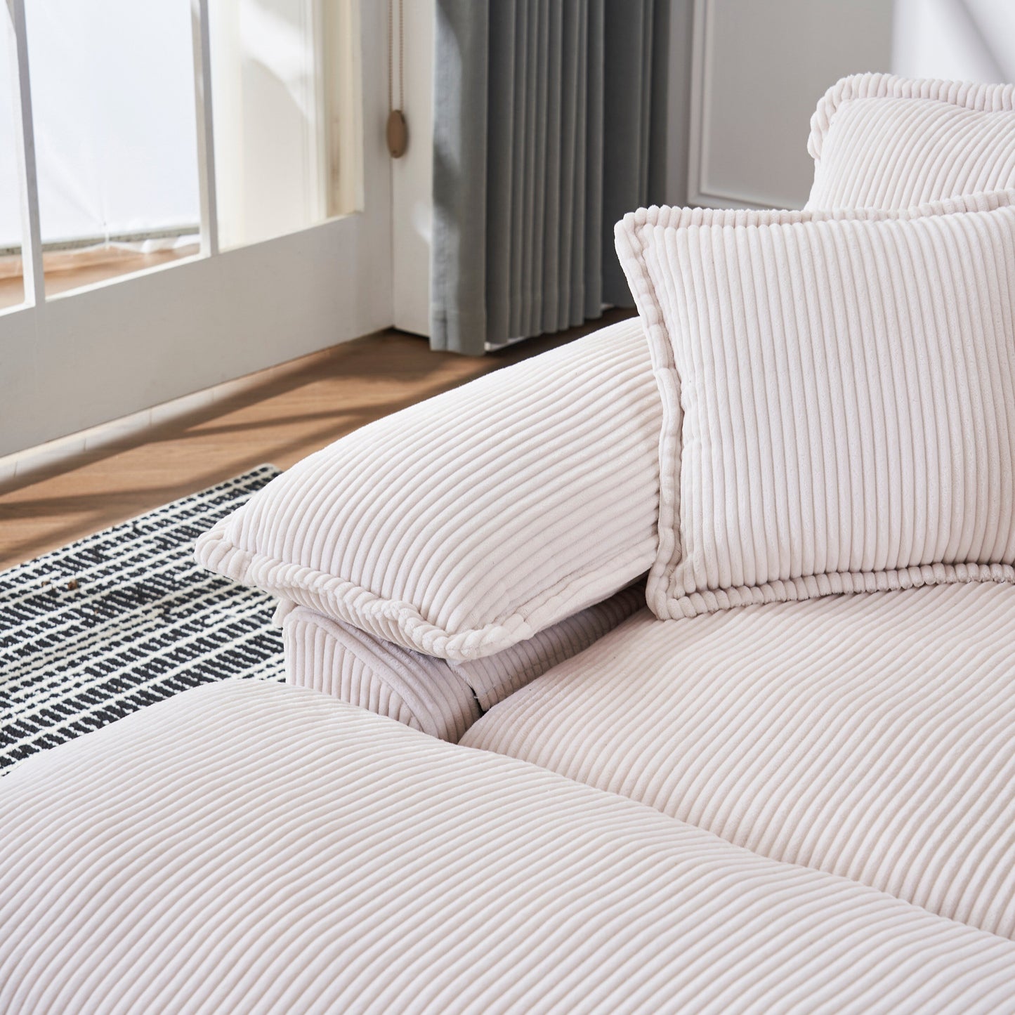 White 59.3 Corduroy Single Deep Seat Sofa with 2 Toss Pillows and Ottoman for Living Room