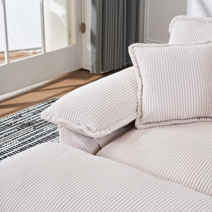 White 59.3 Corduroy Single Deep Seat Sofa with 2 Toss Pillows and Ottoman for Living Room