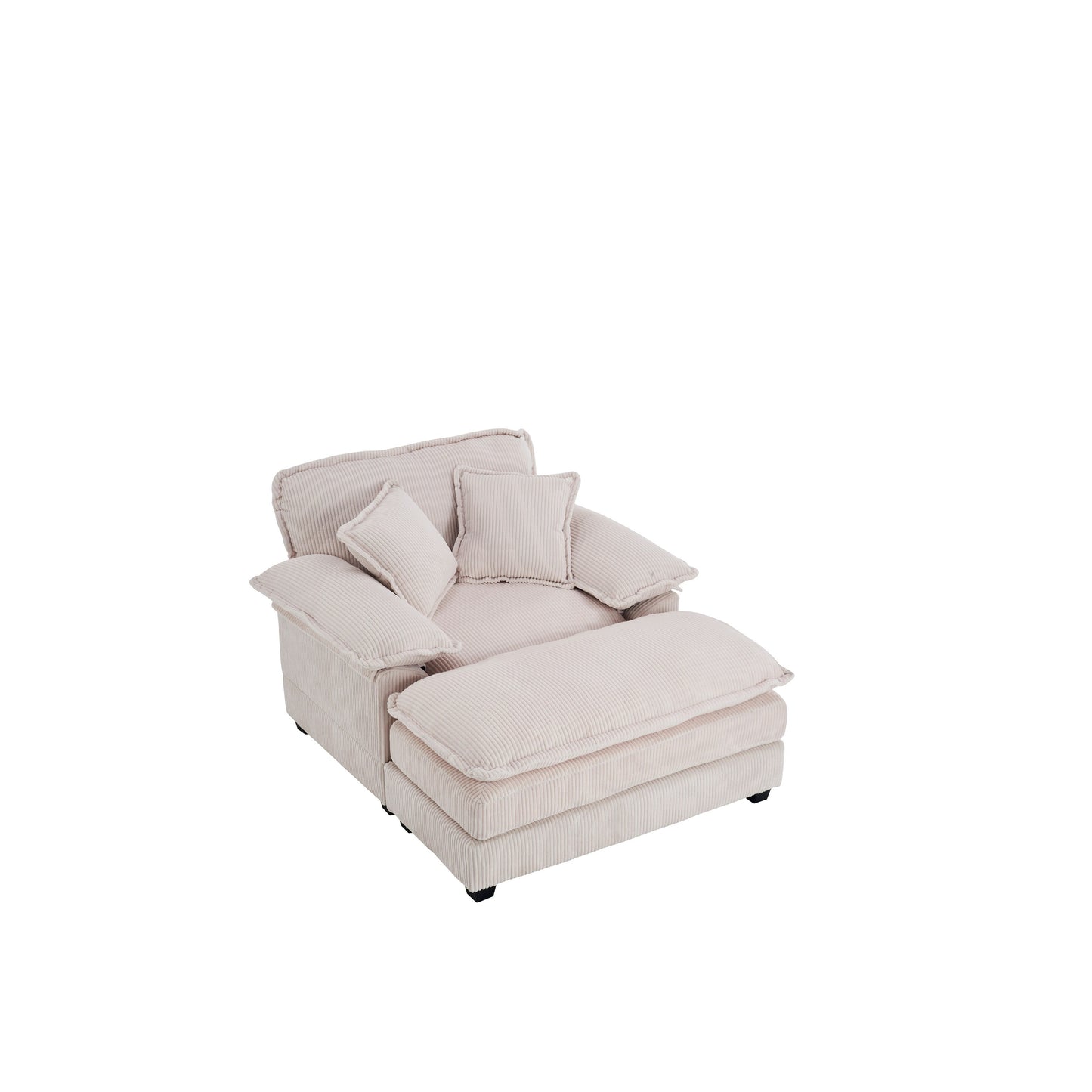 White 59.3 Corduroy Single Deep Seat Sofa with 2 Toss Pillows and Ottoman for Living Room