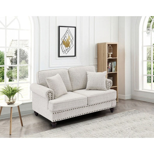 White 61'' Modern 2-Seater Sofa with Nailhead Trim, Pillows, and High-Density Cushions